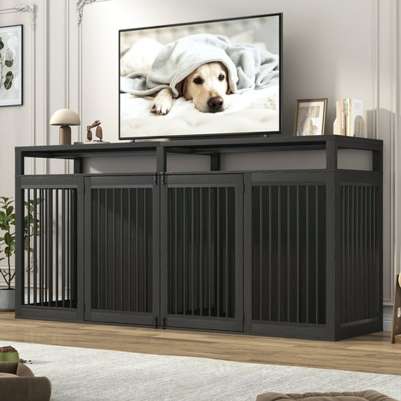 ChVans 87" Large Farmhouse Dog Crate TV Stand, Wooden Dog Crate Furniture with 4 Lockable Doors/Solid Metal Tube, XL-XXL Heavty Duty Dog Crates Furniture for 2 Medium or Large Dogs, Black