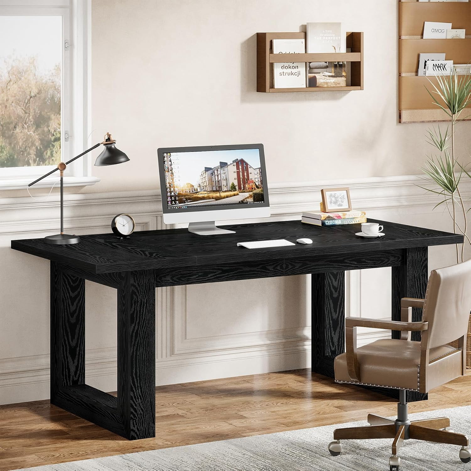 Tribesigns 63-Inch Executive Desk Large Computer Table with Solid Wooden Base, Work Desk for Home Office (Black)