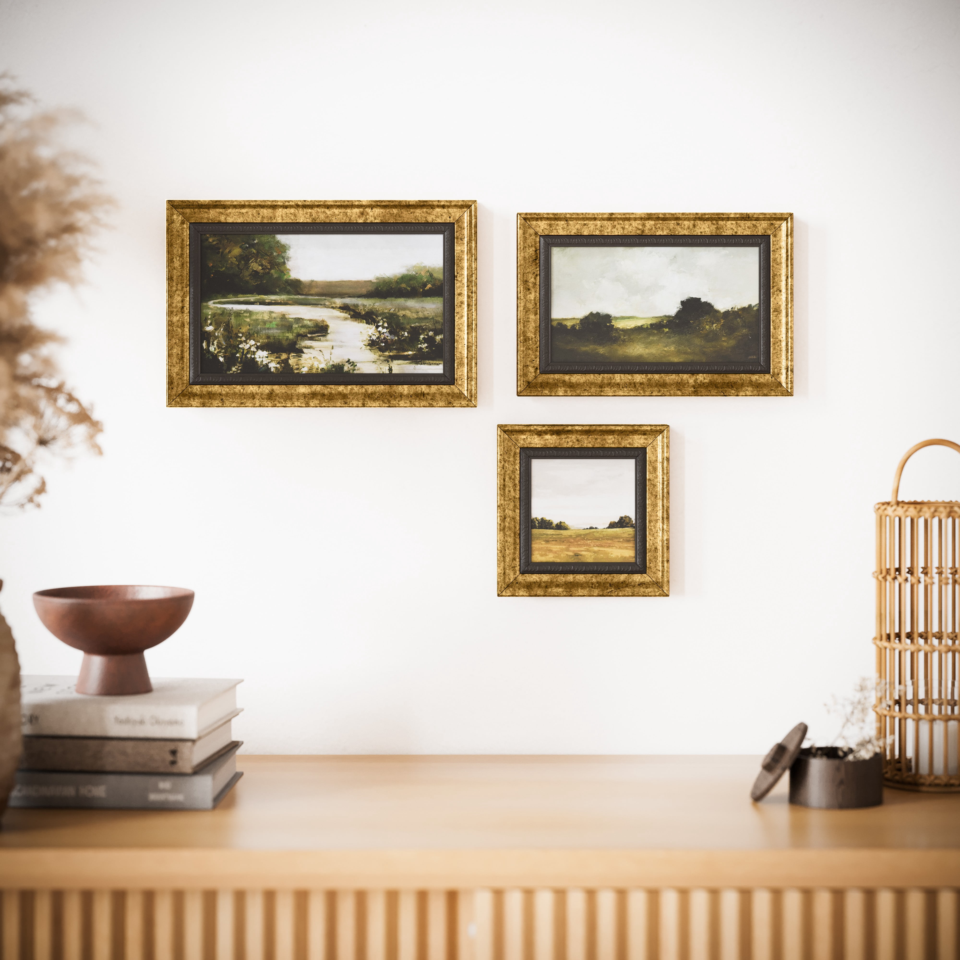 Beautiful Classic Landscape Wall Art Set of 3, Vintage Framed Wall Décor, Gold Brushed Multi-Size Frames, Farmhouse Landscape Art for Living Room, Office, Entry
