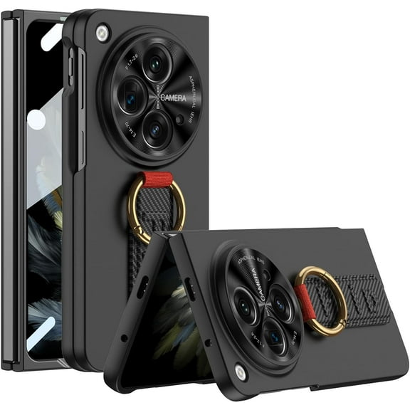 Compatible Carbon Fiber OnePlus Open Case with Strap/Oppo Find N3 Case,OnePlus Open Fold Case with Screen Protector,Shockproof Hard Ultra-Slim Protective Ring Cover Case for OnePlus Open Cases