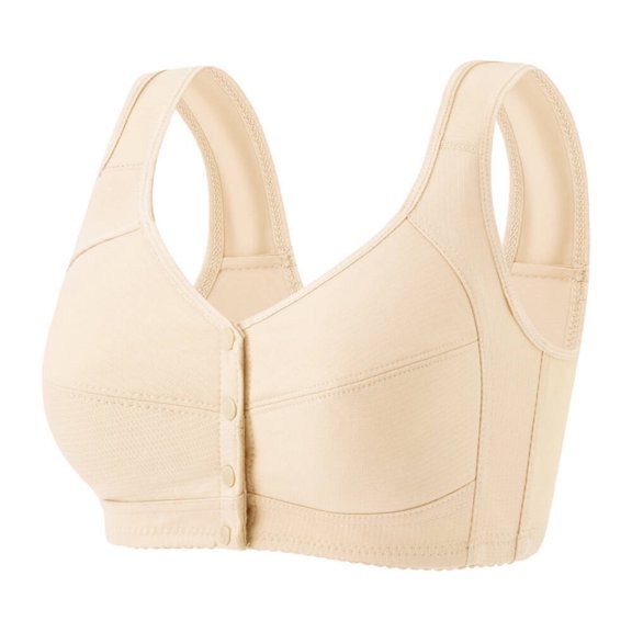 Front Button Bra for Women Plus Size No Underwire Wide Shoulder Straps Casual Daily Bra Beige M