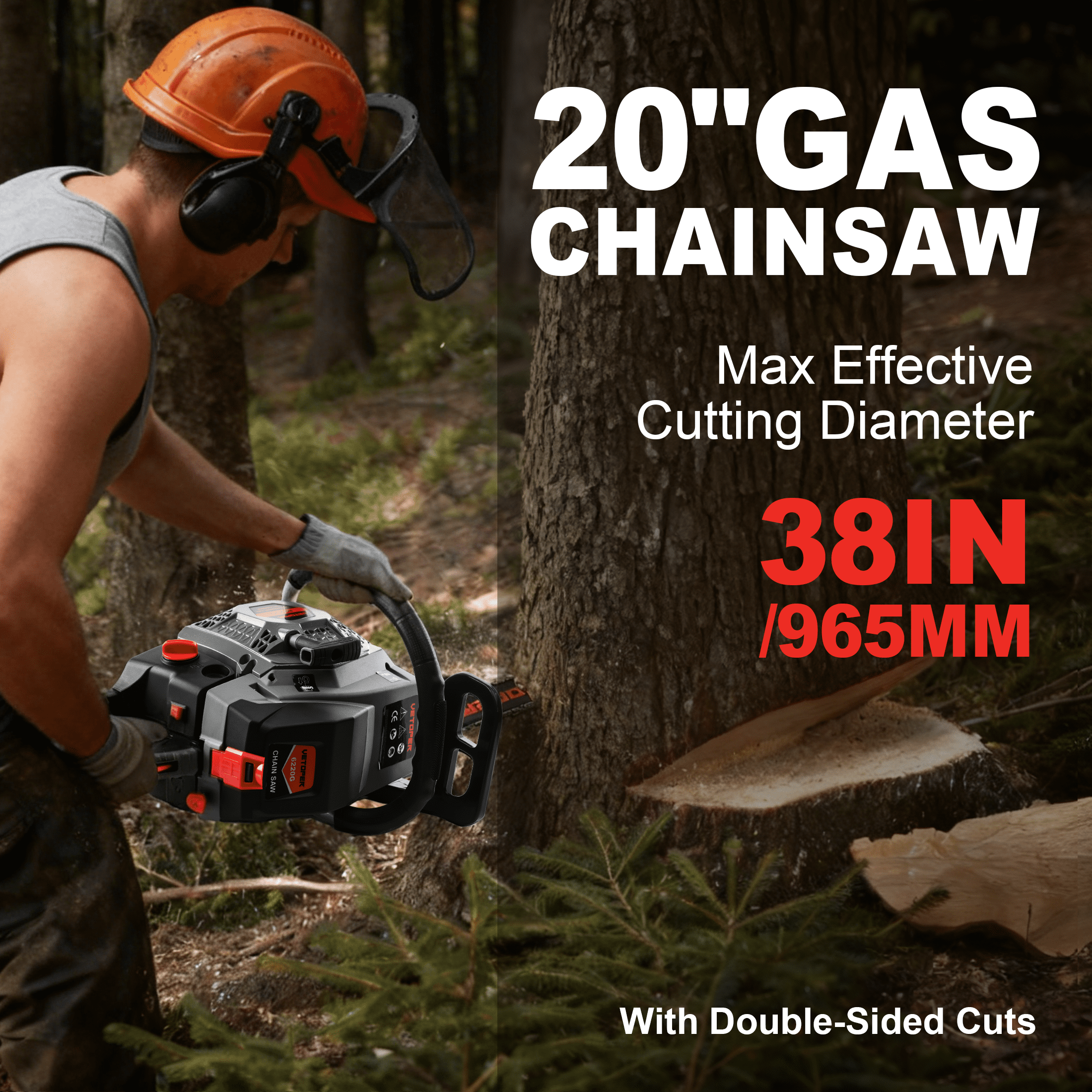 Vetoper Gas Chainsaw 20in. 3.4HP Gas Powered Chainsaw 2-Cycle Handheld Chain Saw for Garden/Patio/Farm 6220G(Two Chains)