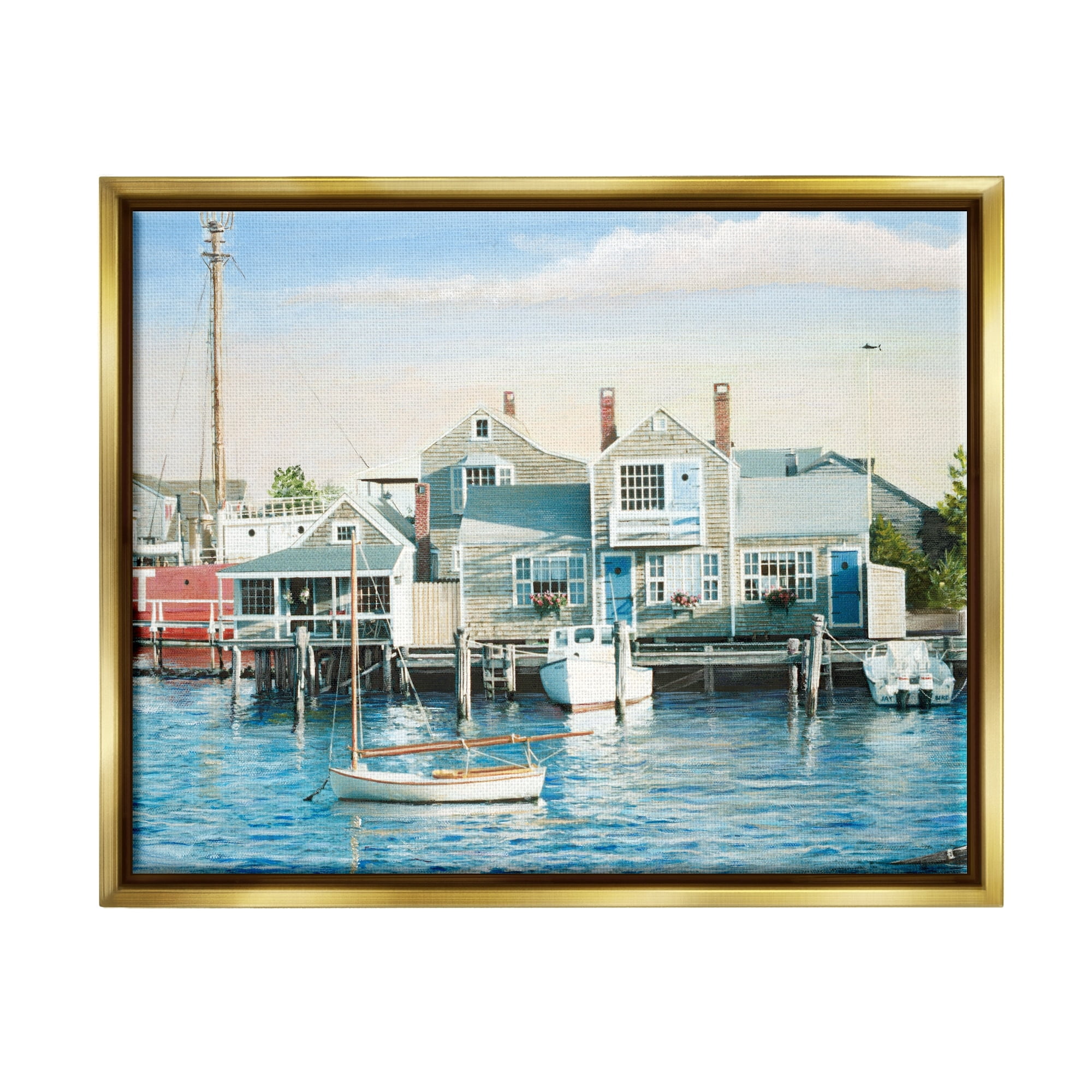 Stupell Industries Relaxing Boats Floating Harbor Marina Ocean Town Photograph Metallic Gold Floating Framed Canvas Print Wall Art, Design by Tom Mielko