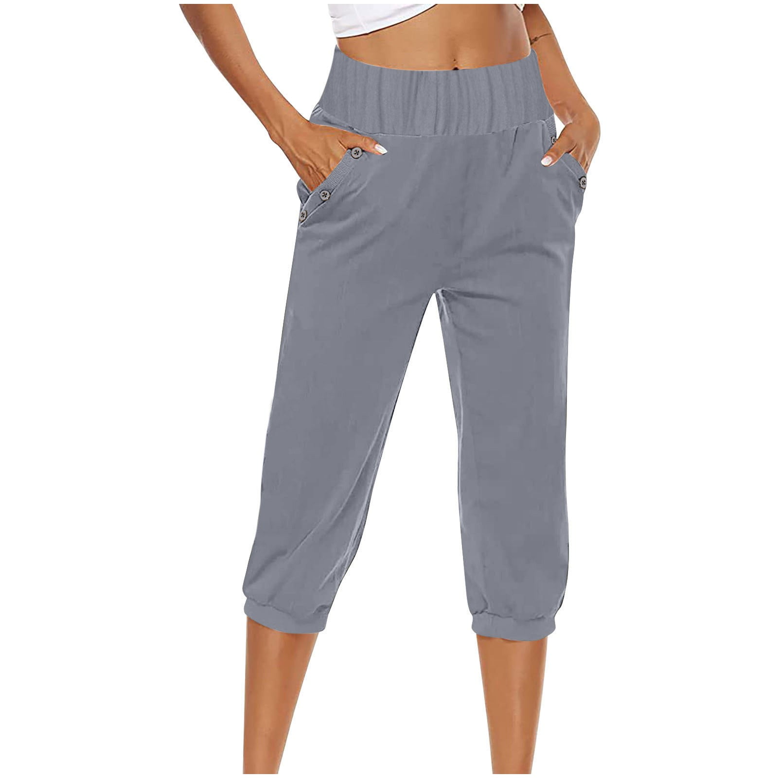 Oalirro Elastic Waist Pants for Women Cropped Pants Stretch Capris for Women Gray