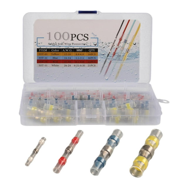 Sellos de soldadura, conectores de cables, manguitos de soldadura, anillos de soldadura eléctrica, terminales, autosoldadura aislada, termorretráctil, 100 piezas