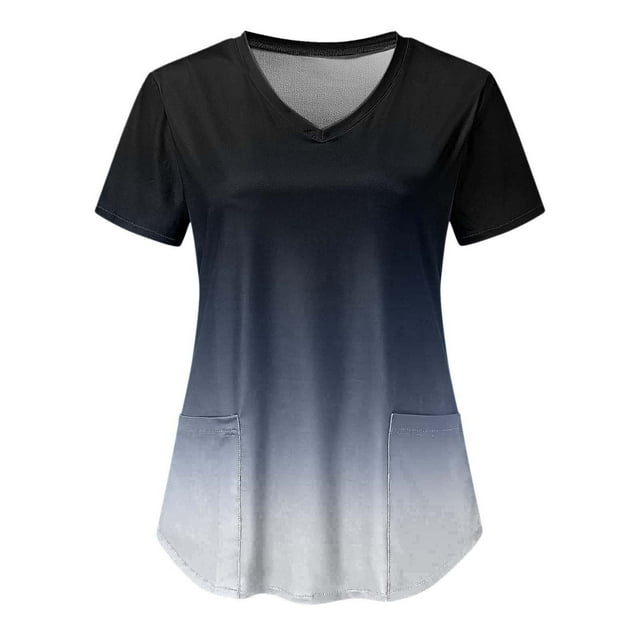 Hauts de Blouse pour Femmes 2025 Mode Extensible Dégradé Imprimé Uniforme de Travail T-Shirt Manches Courtes Chemises d'Été avec Poches