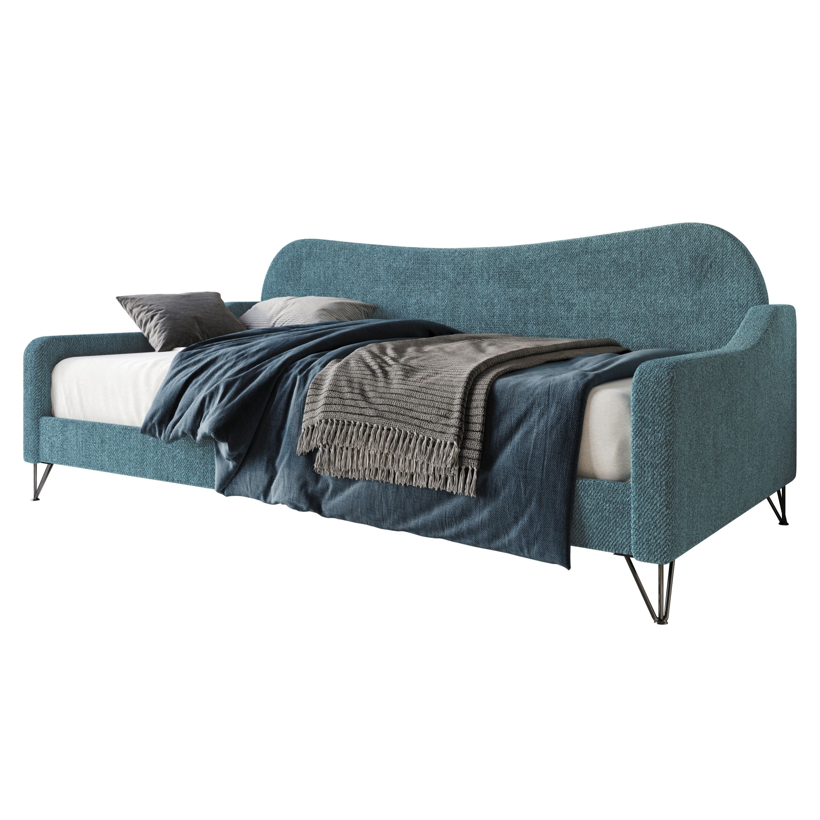 Home Design Natty Twin Daybed with Upholstered Frame, Elegant Backrest and Arms, Black Metal Legs, Stylish Seating and Sleeping Solution, Teal