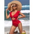 thumbnail image 6 of Charmo Womens V Neck 1 Piece Monokini Swimwear Ruffled Sleeve Swimsuit Tummy Control Bath Suit, 6 of 8