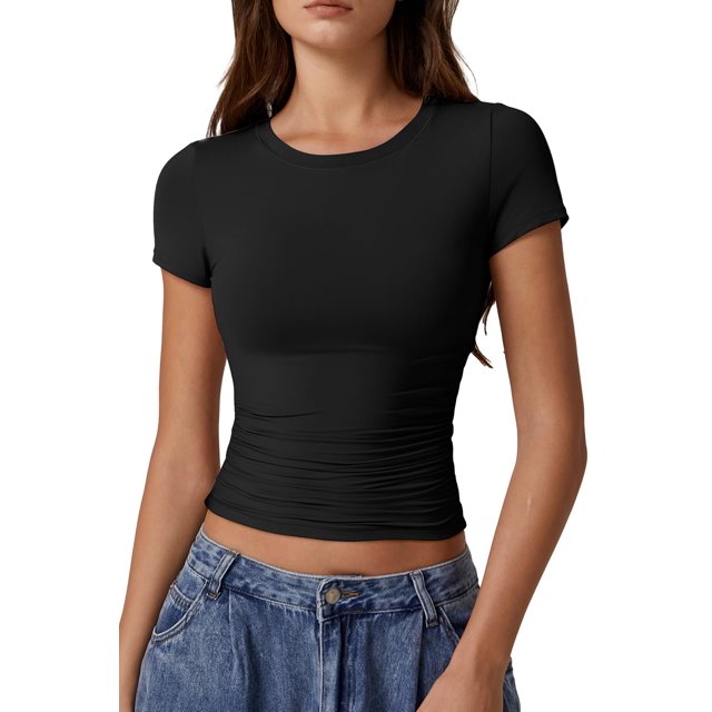 Camiseta QINSEN con cuello redondo y manga corta para mujer negra XS