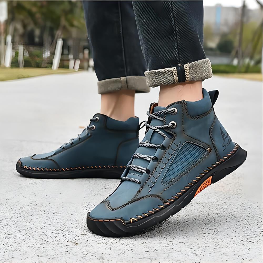 Men's Casual Leather Boots Handmade Lightweight Breathable Anti-slip Impact-resistant Sneakers Chukka Hiking Loafers Shoes Blue 10.5 US