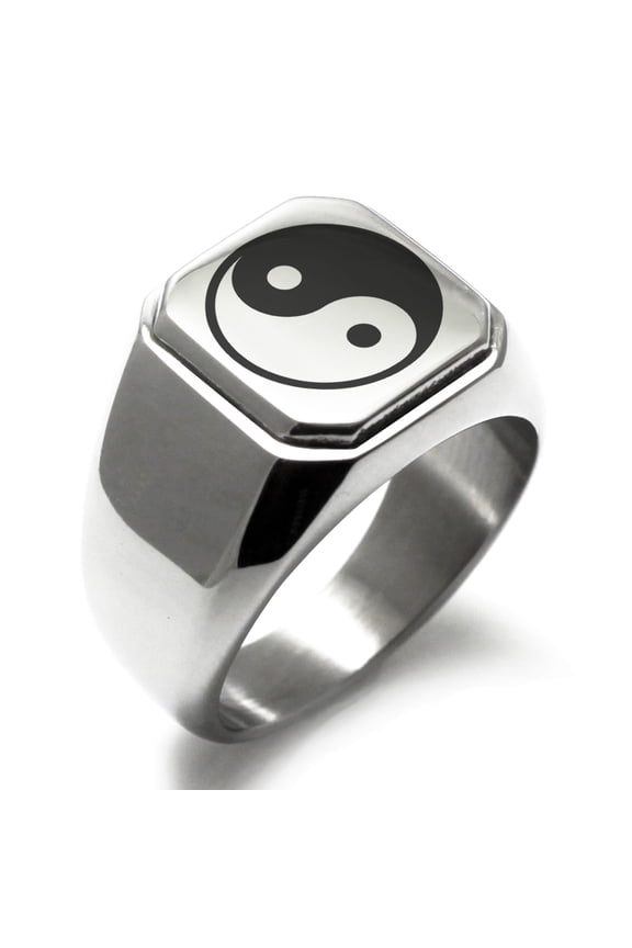 Stainless Steel Yin Yang Engraved Square Flat Top Biker Style Polished Signet Ring