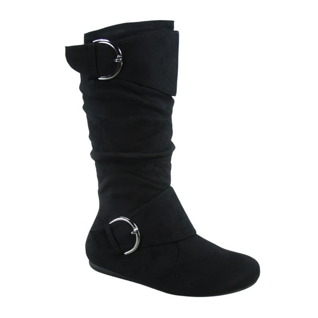 Bottes Mi-Mollet à Bout Rond pour Femmes Zone 70, Confort, Fermeture Éclair, Boucle, Style Plissé Décontracté, Talon Plat ( Noir, 9)