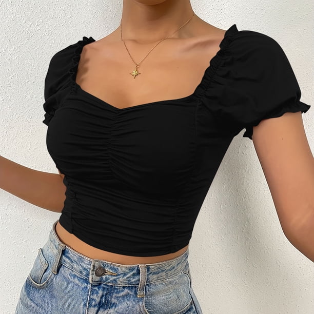 VSSSJ Women's Ruffled Puff Sleeve Cropped Tops Pleated Square Neck