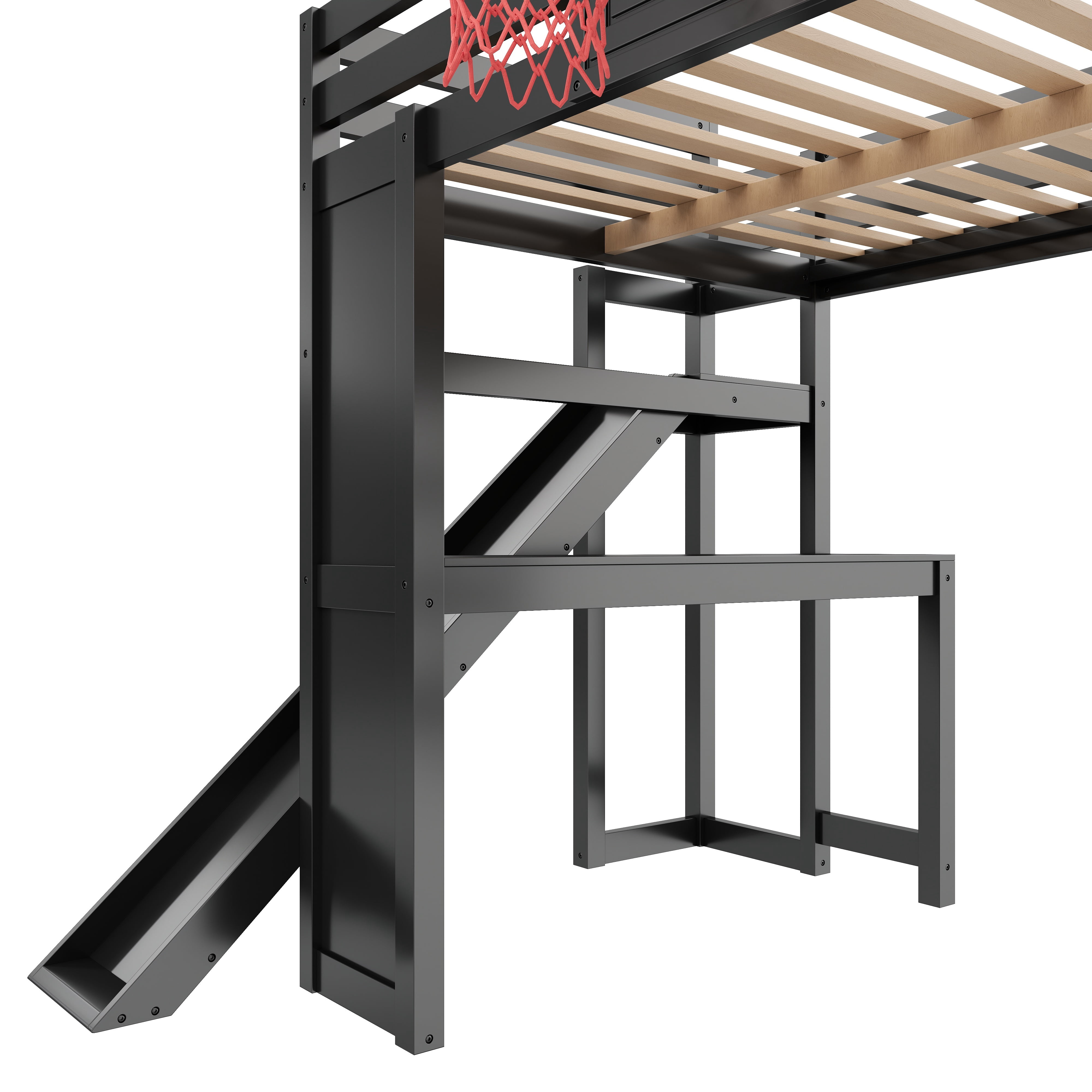 Euroco Wood Full Size Loft Bed with Desk and Shelves, Storage Bed with Basketball Hoop and Slide, Black