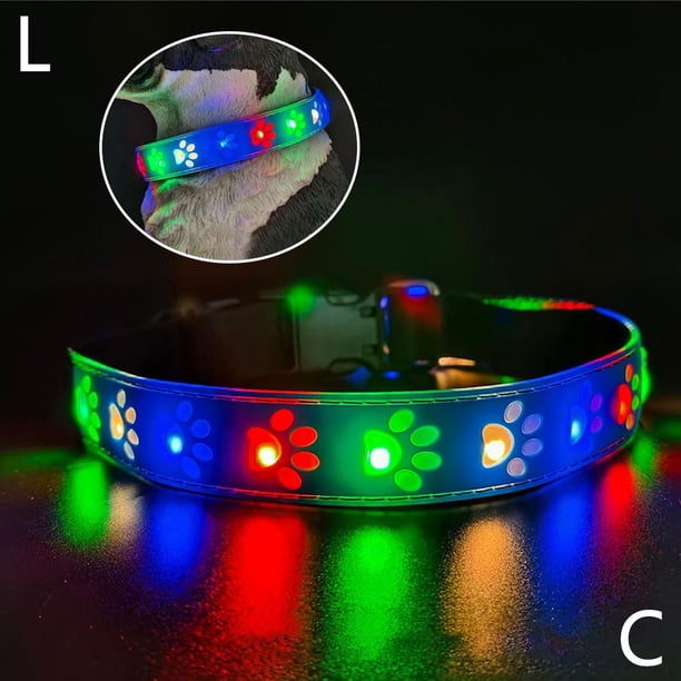 Ruifaya Collar para perro con luz LED, recargable por USB, para la noche, resistente al agua, con estampado de huellas de perro de poliuretano y 4 modos de parpadeo, collares para perro iluminados p