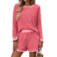 thumbnail image 3 of 2 Piece Sets for Women Summer Cute Stripe Long Sleeve Knit T Shirts Shorts Matching Lounge Set Rose Red L, 3 of 8