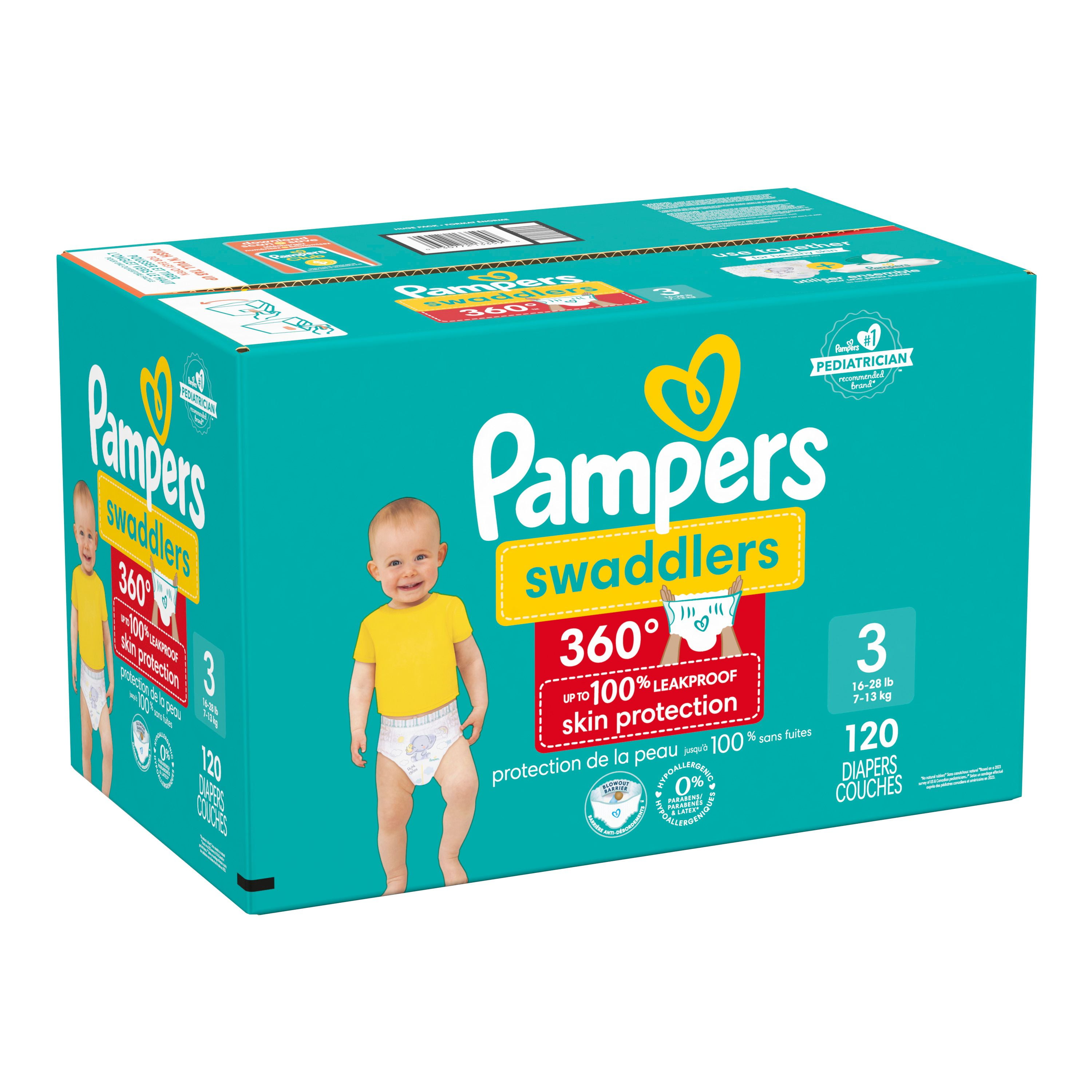 Pampers Swaddlers 360 Pull-On Diapers, Size 3 (16-28 lbs), for up to 100% Leakproof Skin Protection, 120 Count