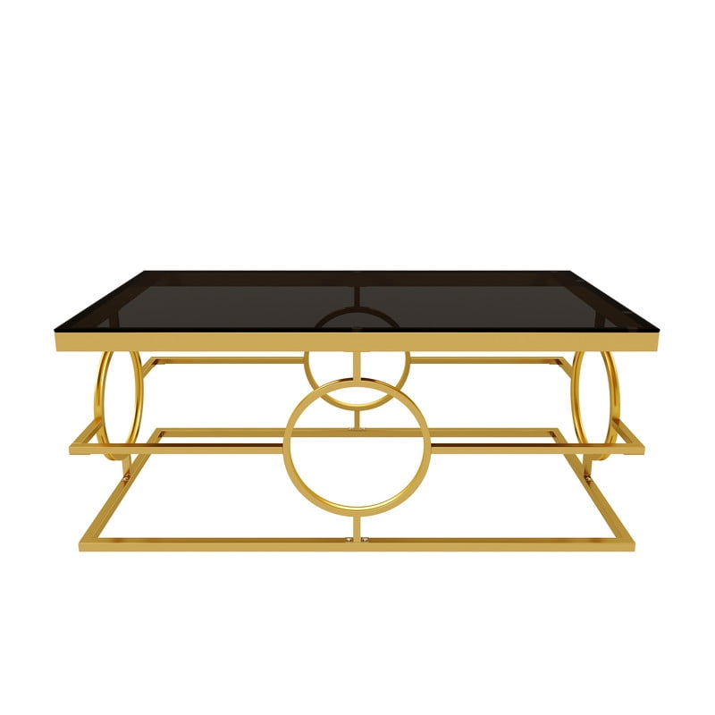 Glass Top Coffee End Table with Gold Metal Frame, Rectangular Storage Center Cocktail Table with Geometric Circle Base