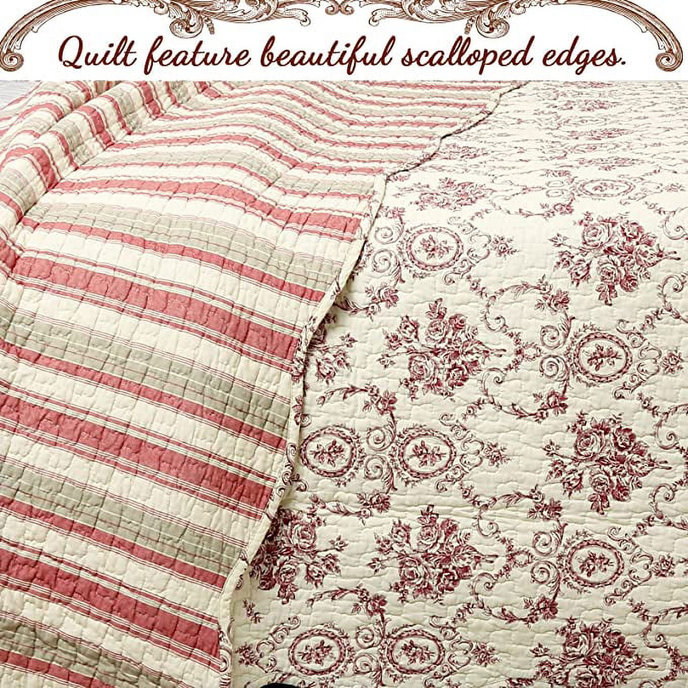 Cozy Line Home Fashions Red Toile Cotton Quilt Set, King - Reversible