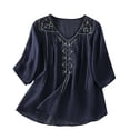 thumbnail image 1 of Camiseta de Trabajo de Manga Corta con Cuello en V Bordada con la Sensación de Lino, Transpirable Poliéster Spandex Top Casual para la Oficina de Verano, 1 of 7