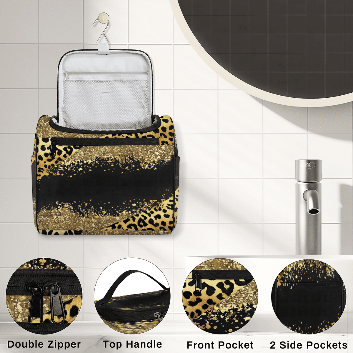 Herdesigns Leopard Cheetah Toiletry Bag for Women, Travel Makeup Bag, Waterproof Hanging Cosmetic Organizer for Toiletries & Makeup Essentials