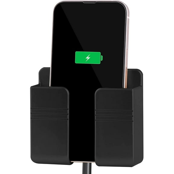 Wall Mount Phone Holder, Phone Stand with Adhesive and Data Cable Receiving Hole, Cell Phone Holder for Charging,Bedroom, Compatible with iPhone and Android (Black)