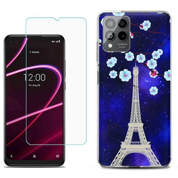 Slim-Fit Gel TPU Phone Case for T-Mobile Revvl 6 Pro 5G, with Tempered Glass Screen Protector, by OneToughShield ® - Eiffel Tower Stars