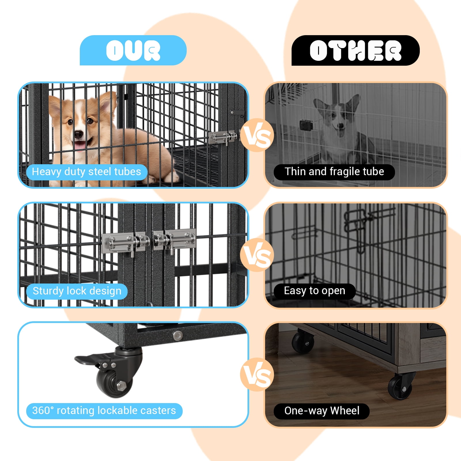 Steel Dog Crate 48" - Heavy Duty Kennel with Removable Tray & Locking Wheels