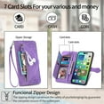 thumbnail image 5 of Dteck Case for iPhone 12/12 Pro,Magnetic Leather 7 Card Slots Zipper Wallet Case Shockproof Rubber Kickstand Cover with Wrist Strap, Purple, 5 of 7