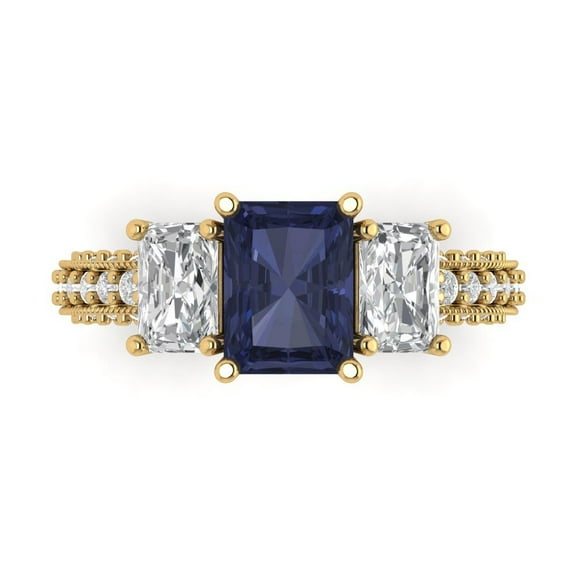 3.61 ct Emerald Cut Simulated Blue Sapphire 3 Stone 14K Yellow Gold Womens Engagement Ring