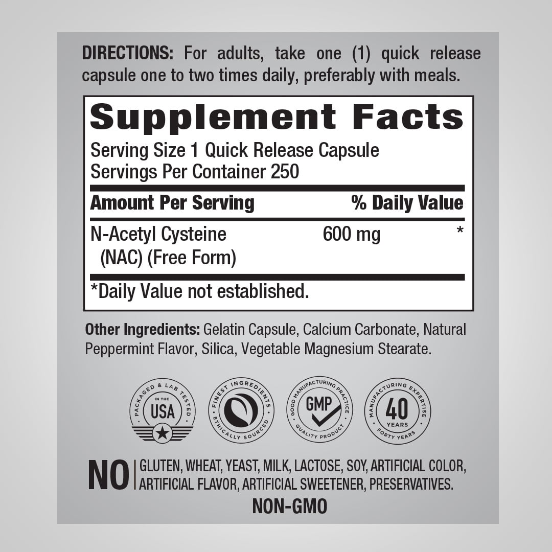 N-Acetyl Cysteine (NAC) 600 mg | 250 Coated Caplets for Men and Women | by Piping Rock