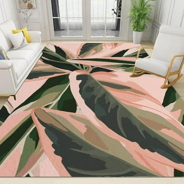 Luxury Nordic Banana Leaf Area Rug, Abstract Pink Green Tropical Plant Indoor Non-Slip Kids Rugs, Machine Washable Breathable Durable Carpet For Study Dining Room Decor 4 x 6ft