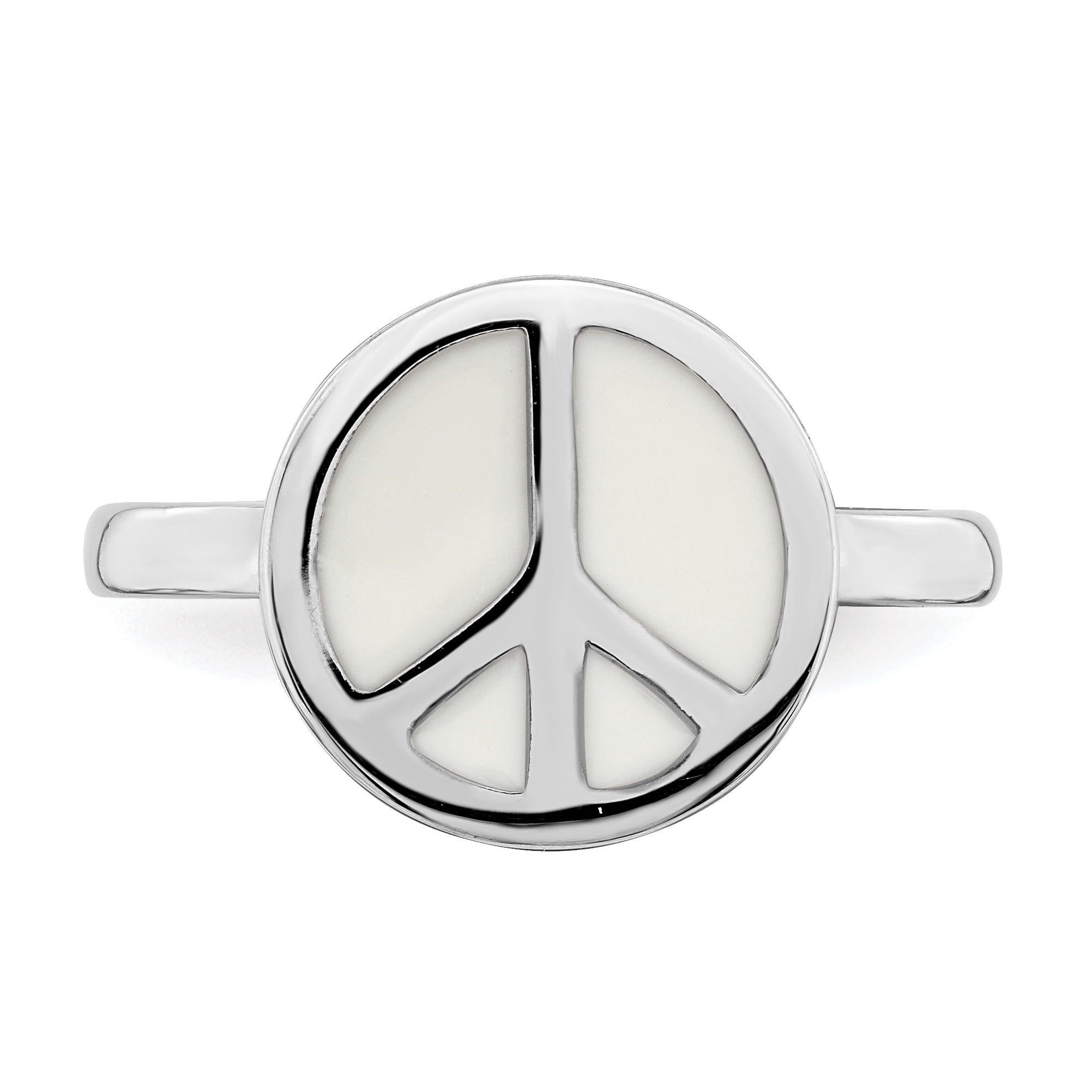 Sterling Silver Polished White Enameled Peace Sign Ring