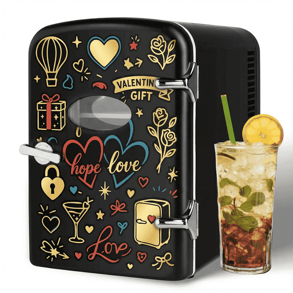 Simple Deluxe Black Mini Fridge – 4L Skincare & Beverage Cooler Warmer with Window, Aesthetic & Freon-Free – Romantic Valentine's Day Gift with Cute Stickers