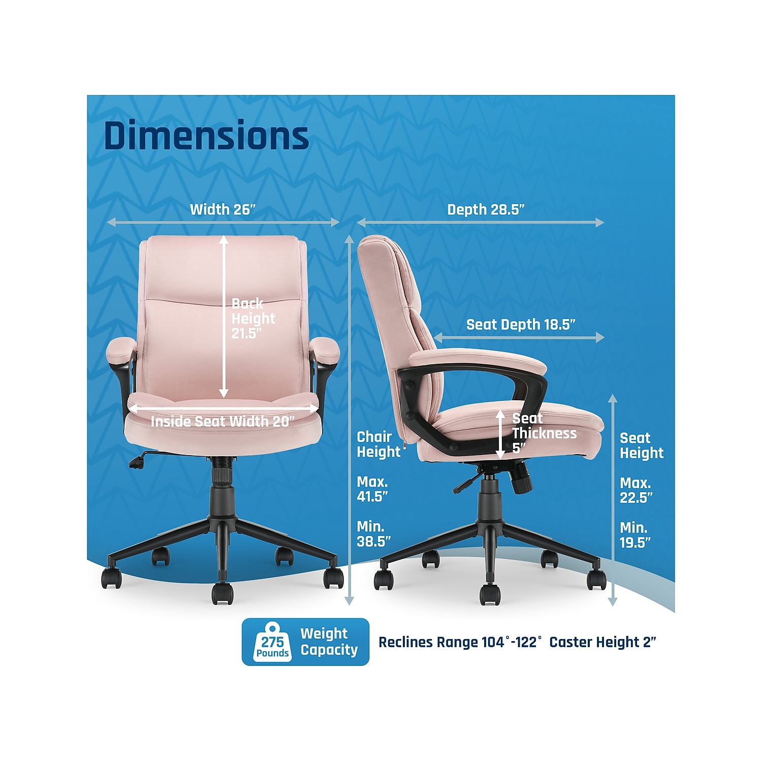 Click365 Transform 2.0 Ergonomic Mid Back Desk Chair Fabric Pink