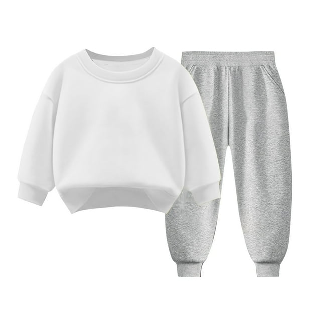 Tenues d'Automne pour Garçons Filles 3 4 5 6 7 8 9 Ans Coton Chaud Col Rond Manches Longues Chandail et Pantalon Ensembles 2 Pcs (4T, Blanc 01)