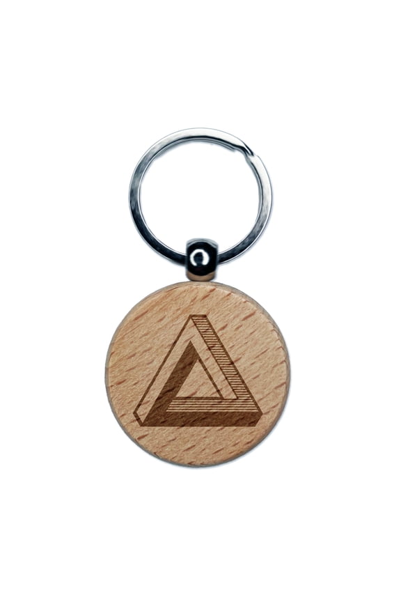 Infinite Penrose Triangle Tribar Optical Illusion Round Keychain Charm Tag - Engraved Wood
