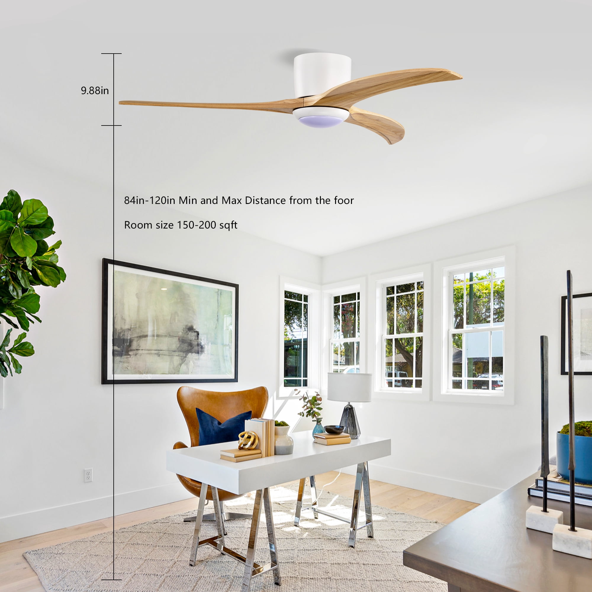 Leumius 52" Solid Wood Blades Ceiling Fan with Light and Remote Control, Noiseless Reversible Motor, 6 Speed for Patio Living Room, Bedroom White+Natural
