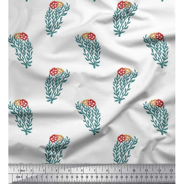 Soimoi Polyester Crepe Fabric Leaves & Floral Block Print Sewing Fabric Yard 52 Inch Wide