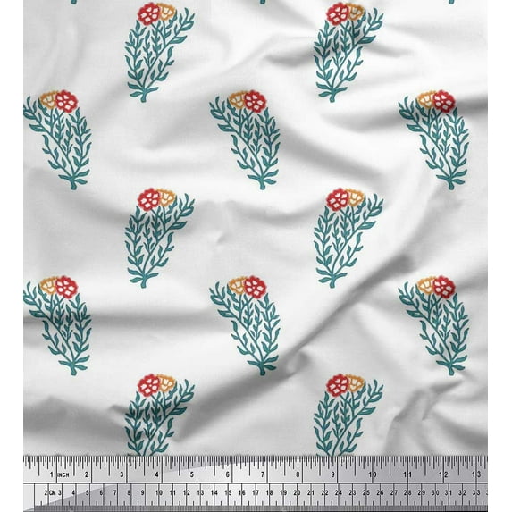 Soimoi Polyester Crepe Fabric Leaves & Floral Block Print Sewing Fabric Yard 52 Inch Wide