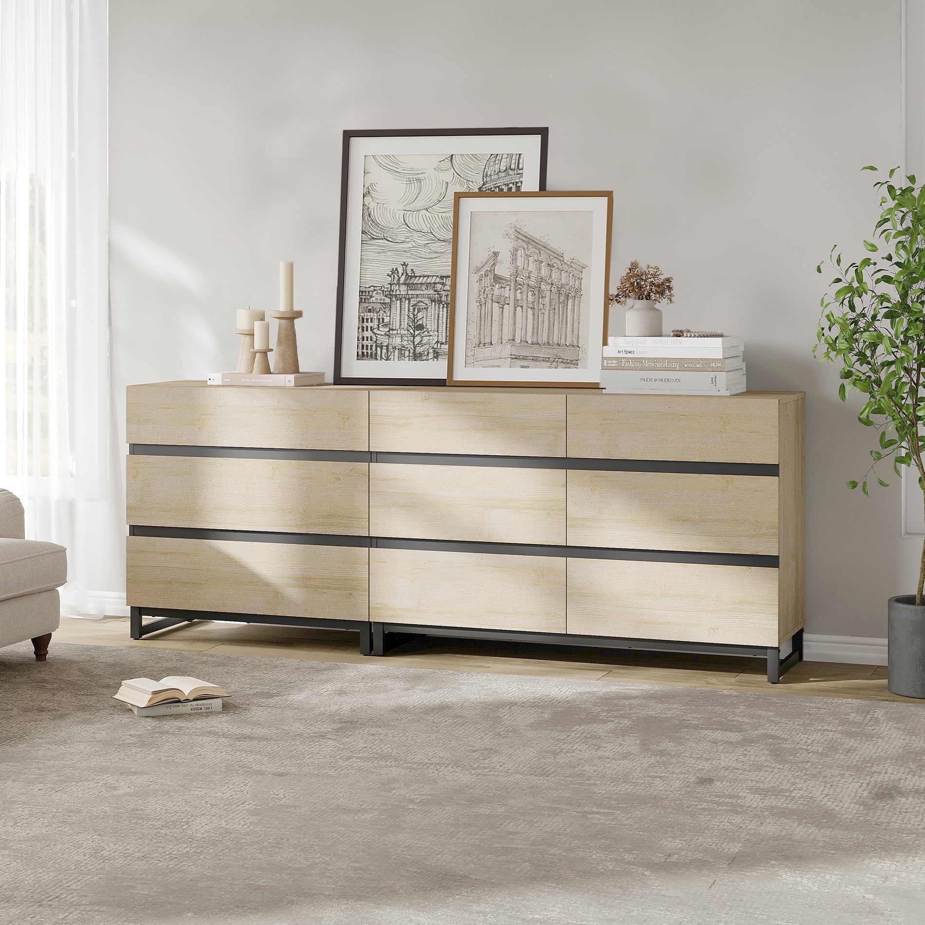 WAMPAT 2 in 1 Dresser for Bedroom, Closet Organizers and Storage with 9 Drawers, Chest of Drawers with Metal Base, Modern Wood Dresser for Bedroom, Light Oak
