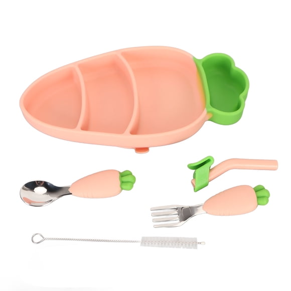 M Buder Set de Alimentación de Silicona para Bebés Plato Antideslizante con Ventosa Cuchara Tenedor Popote Cepillo Forma de Zanahoria Color Rosa 24 cm / 9.4 inches