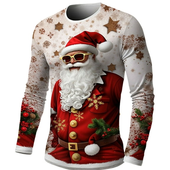 GuangCheng Mens Christmas Tops Long Sleeve Tops,Crew Neck,Printed,Pullover,Baggy,Bottom,Tees,Comfy Loose Piece,Red,Size XS