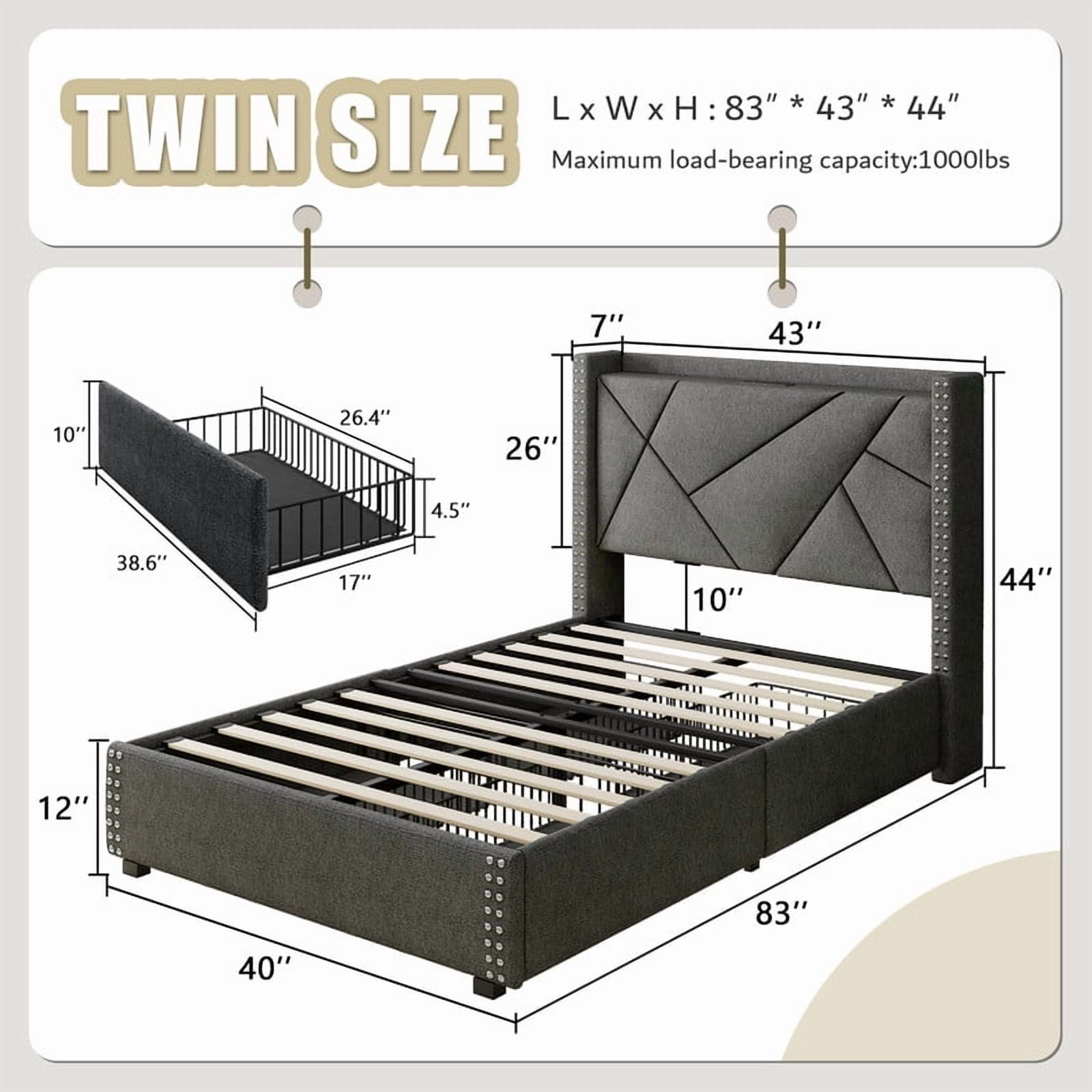 iPormis Twin Bed Frame with Charging Station & Wingback Upholstered Headboard, Platform Bed with 4 Storage Drawers , Solid Wood Slats Support, No Box Spring Needed, Dark Gray
