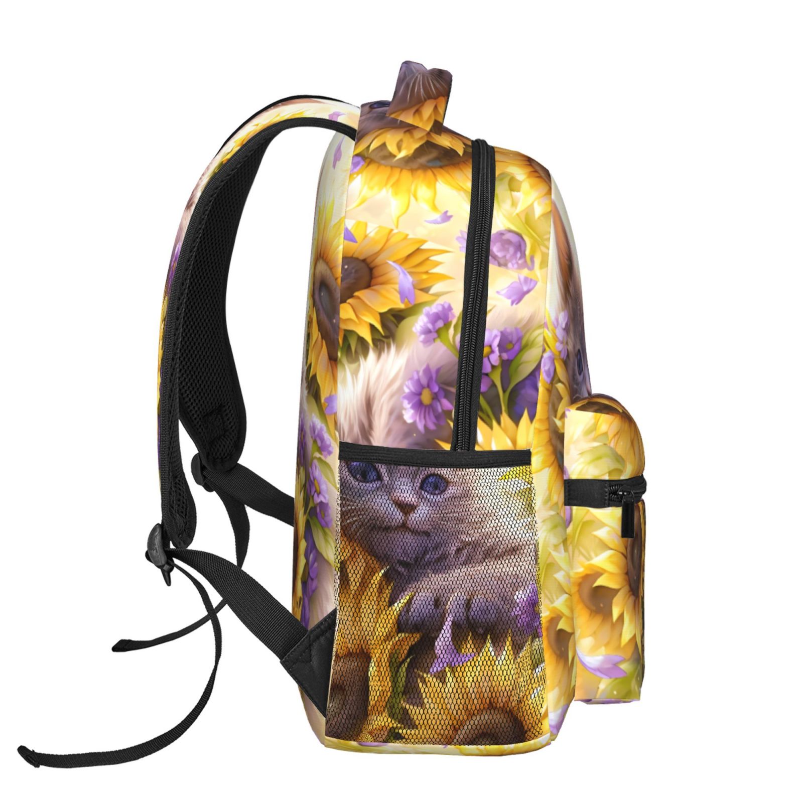 Xecao Daisy Sunflower Lazy Cat Backpack, a stylish and functional choice for both men and women, is the perfect basic bookbag for college, work, or travel