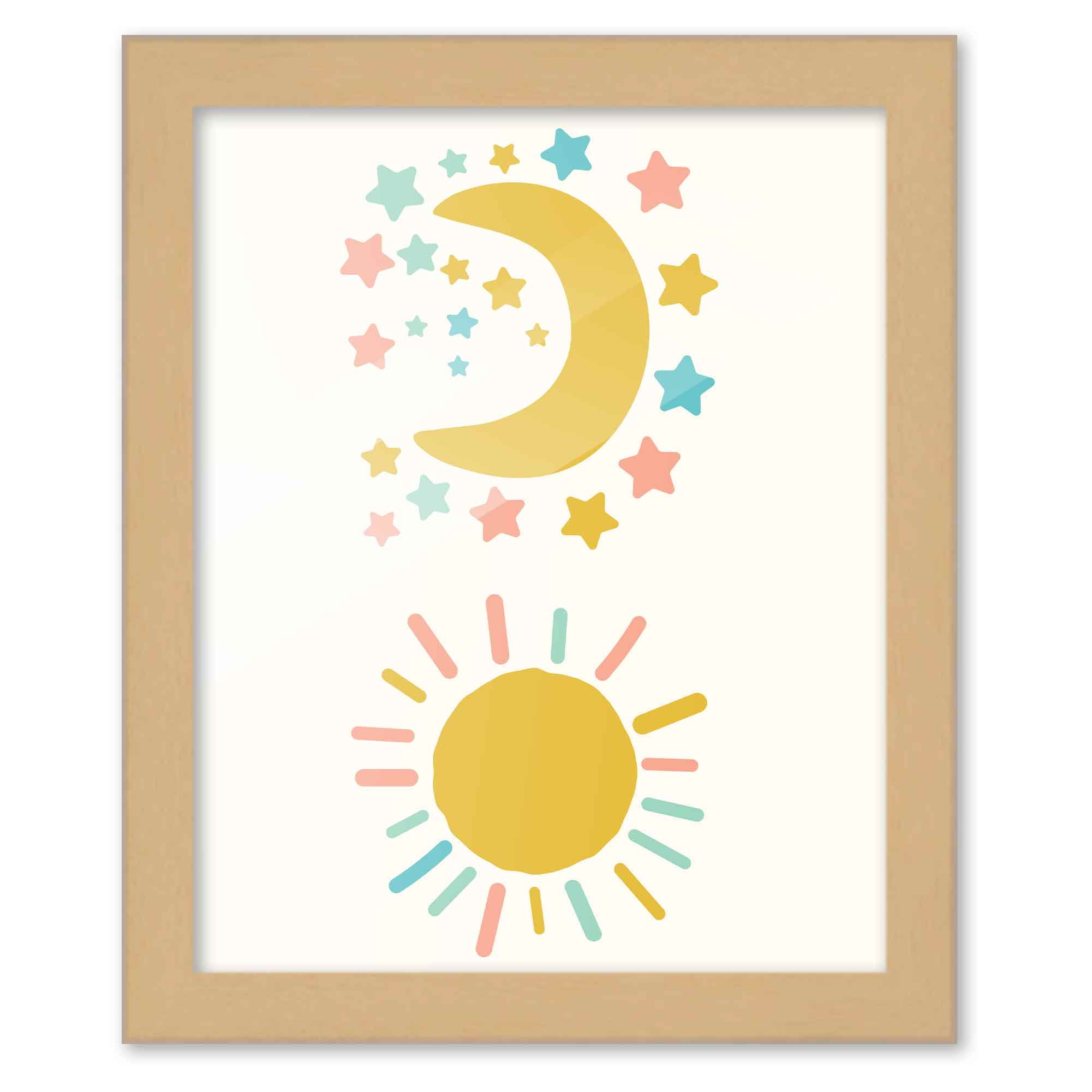 8x10 Framed Nursery Wall Art Boho Rainbow Sun Moon & Stars Poster In