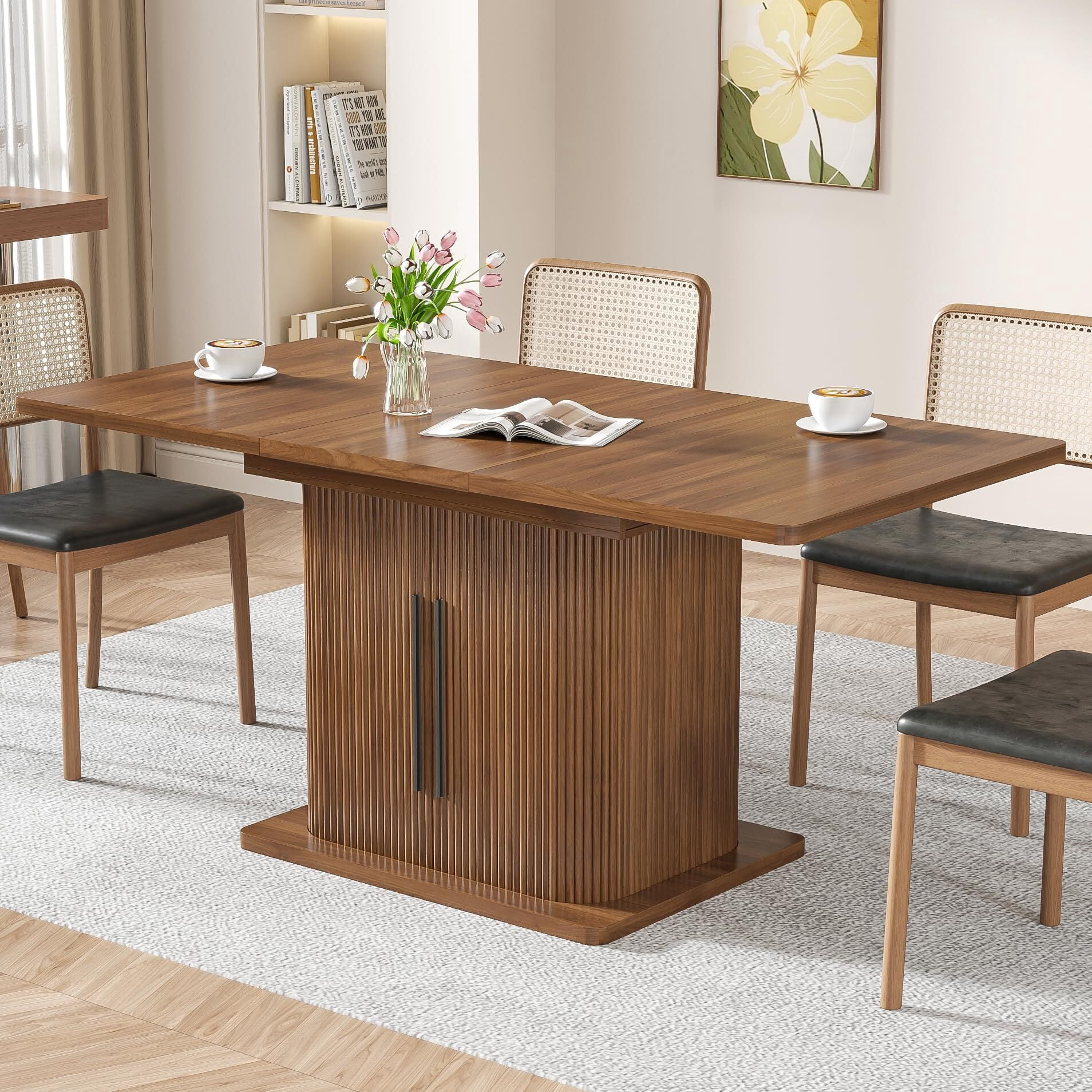 Extendable Black Dining Table 47-65", Seats 4-6, Fluted Wood Kitchen Table with Storage, Sliding Doors, Space Saving, Walnut