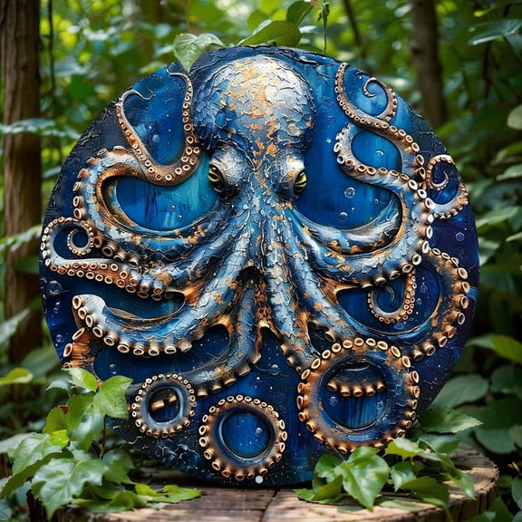HELLOYOUNG Octopus Wall Art Round Aluminum Poster, Ocean Theme Decor, Durable Rust-Proof Easy-Clean Metal Sign, Home Office Bedroom Gift