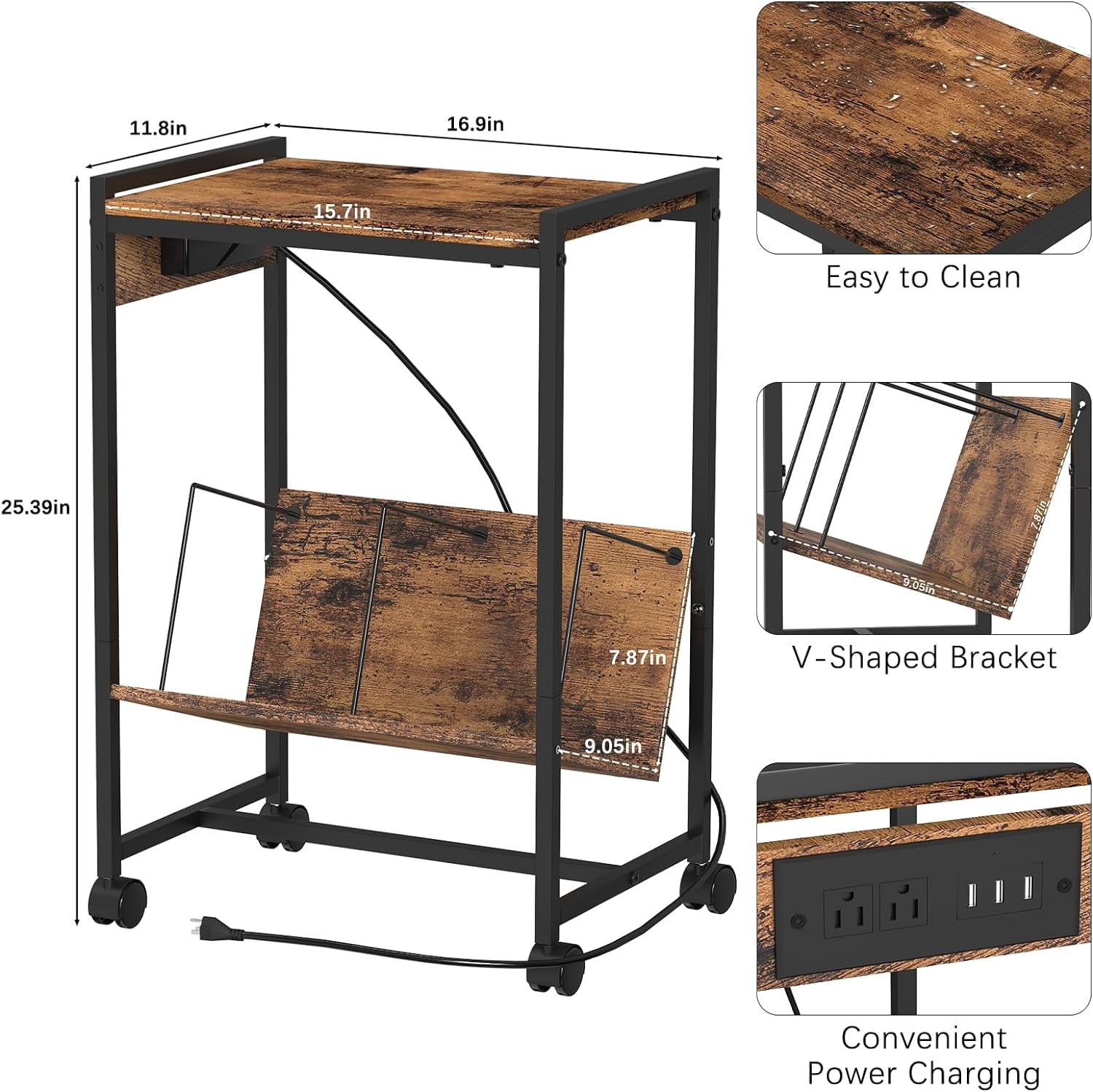 2-Tier End Table Record Player Stand with Charging Station and Vinyl Storage Shelf, Brown