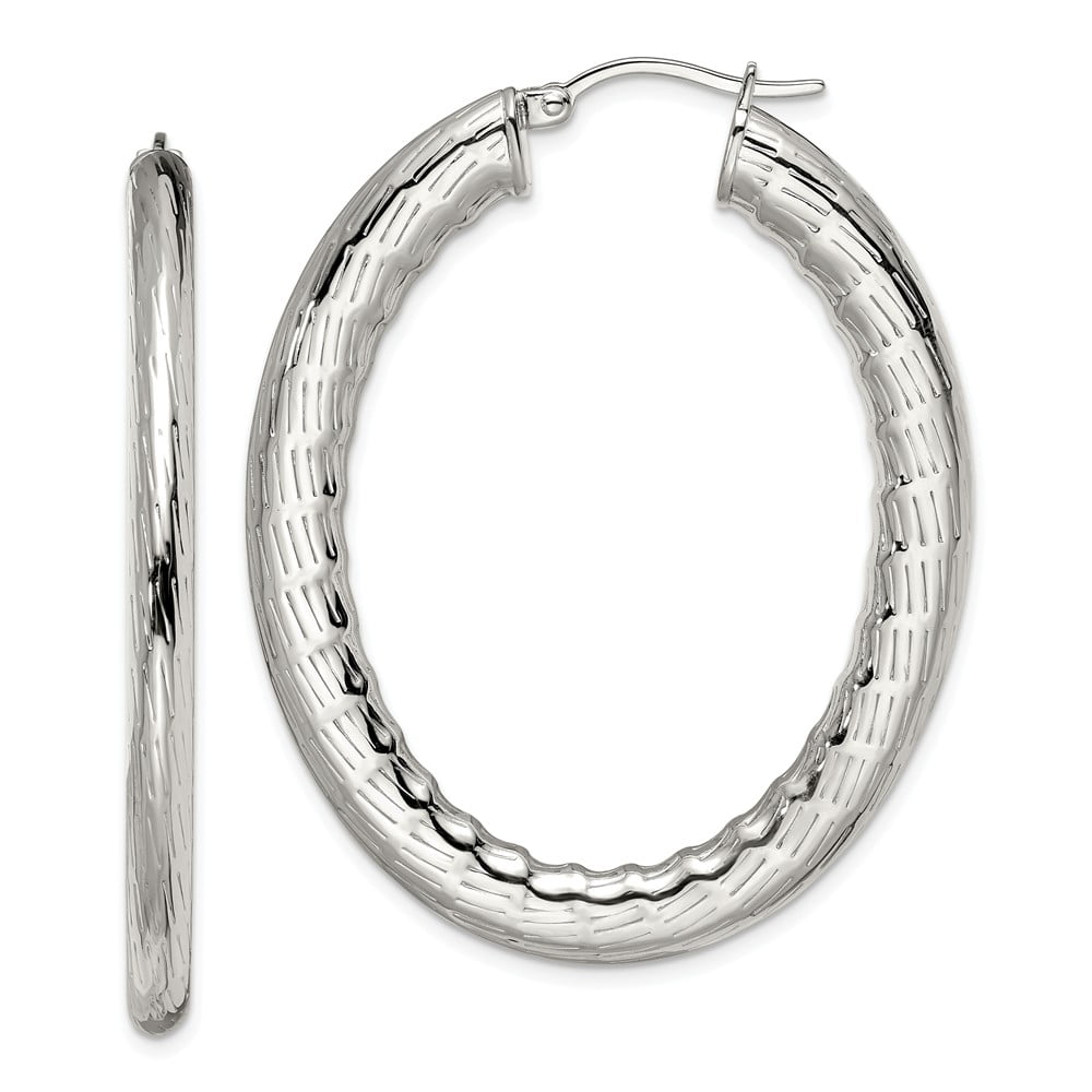 Sterling Silver Textured Hollow Oval Hoop Earrings 